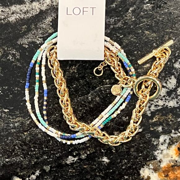 NWT LOFT Gold and Blue Multi Beaded Chain Bracelet Set - Picture 7 of 9